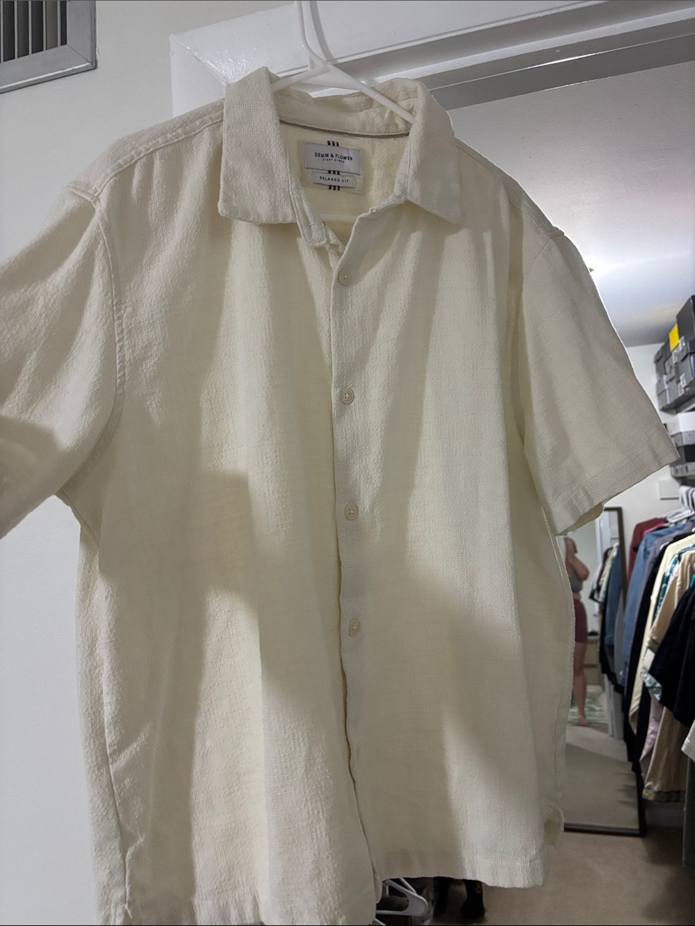 Denim & Flower Cream Short-Sleeve Button-Down Shirt